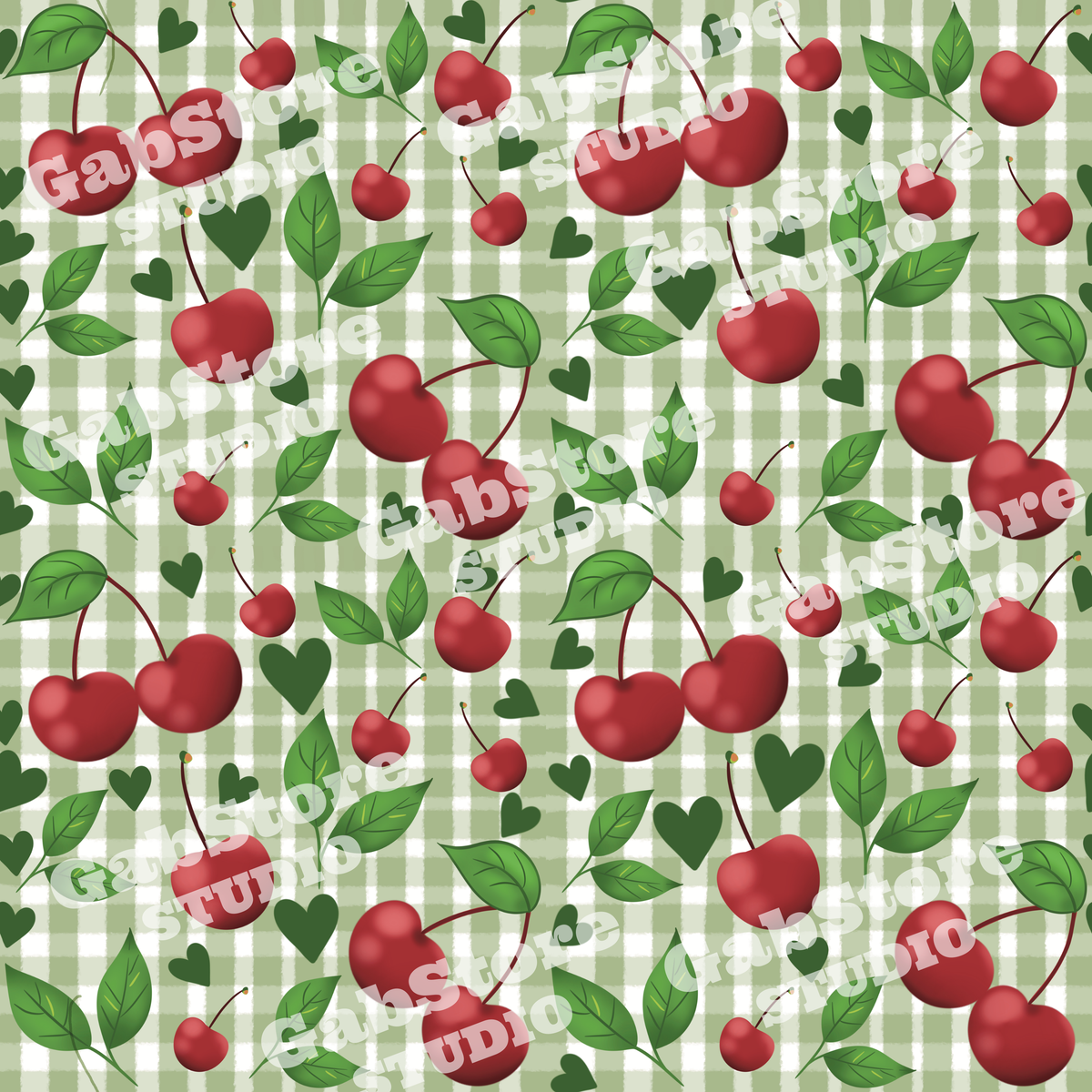 Green Gingham Cherries | 12x12 PNG Seamless File