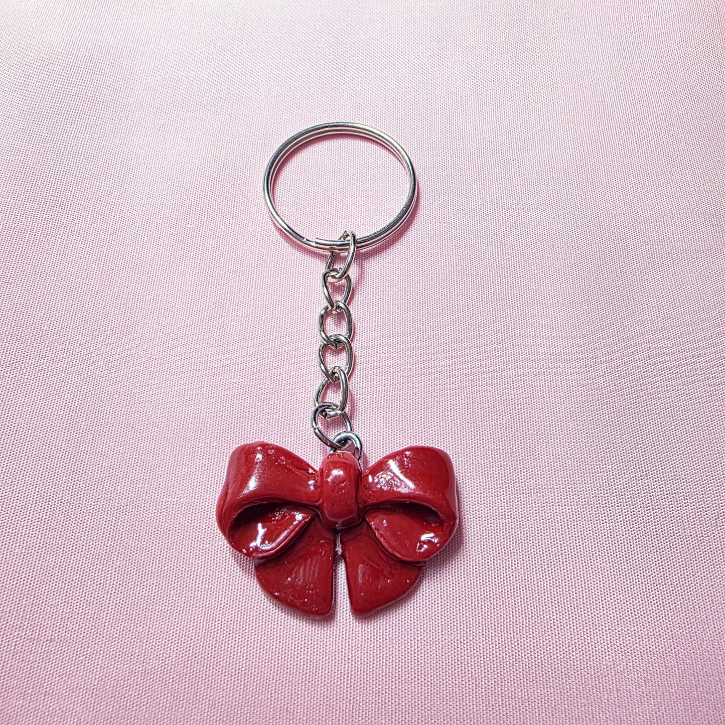 Handmade Red Bow Polymer Clay Keychain – Glazed Mini Charm Gift