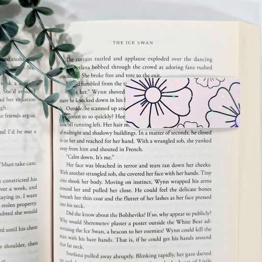 Black Floral Outline | Sparkle Holographic Magnetic Bookmark