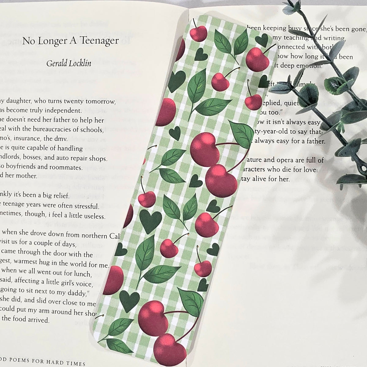 Book with a decorative bookmark featuring cherries and a green checkered pattern on an open book.