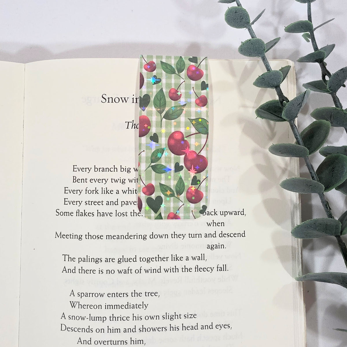 Book with a decorative bookmark featuring cherries on a white background
