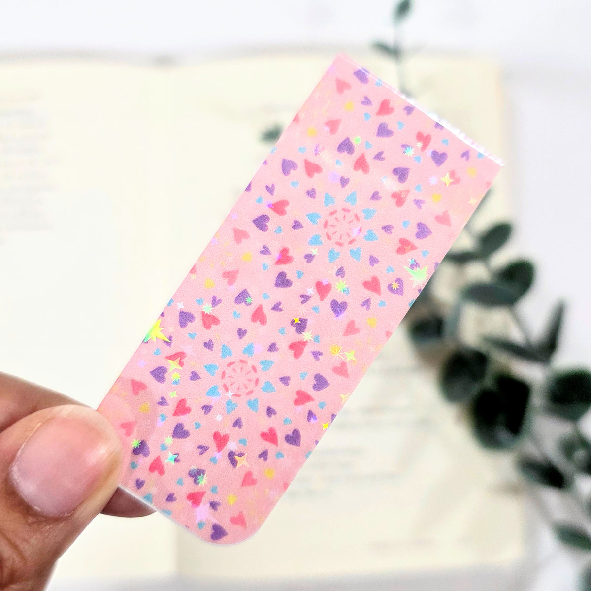 Pink Confetti Hearts Magnetic Bookmark — Sparkle Holographic