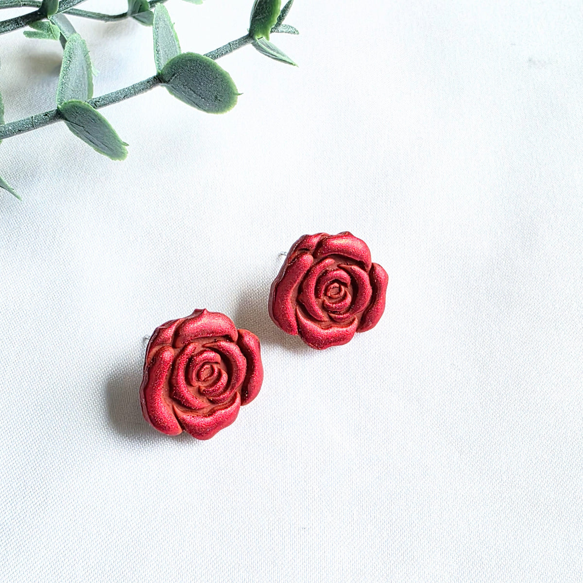 Red Rose Stud Earrings – Handmade Polymer Clay Floral Jewelry