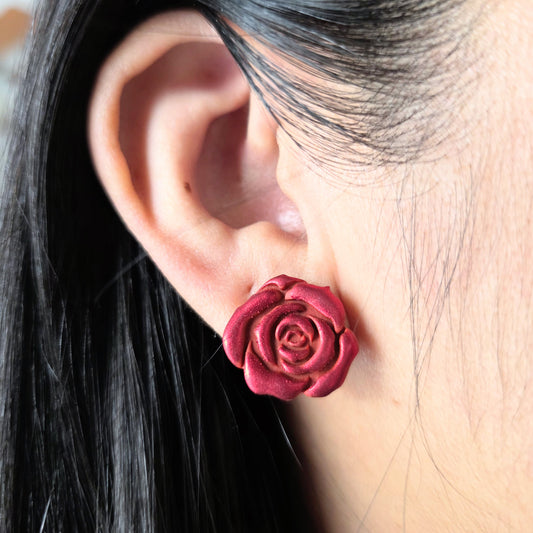 Red Rose Stud Earrings – Handmade Polymer Clay Floral Jewelry