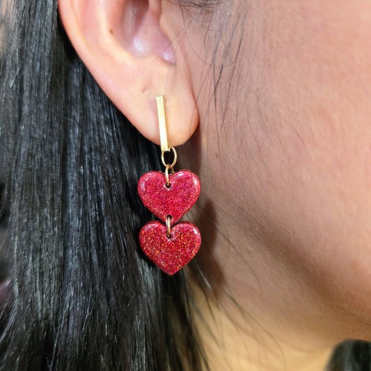 Red Glitter Heart Earrings | Handmade Polymer Clay Valentine’s Day Dangle Earrings