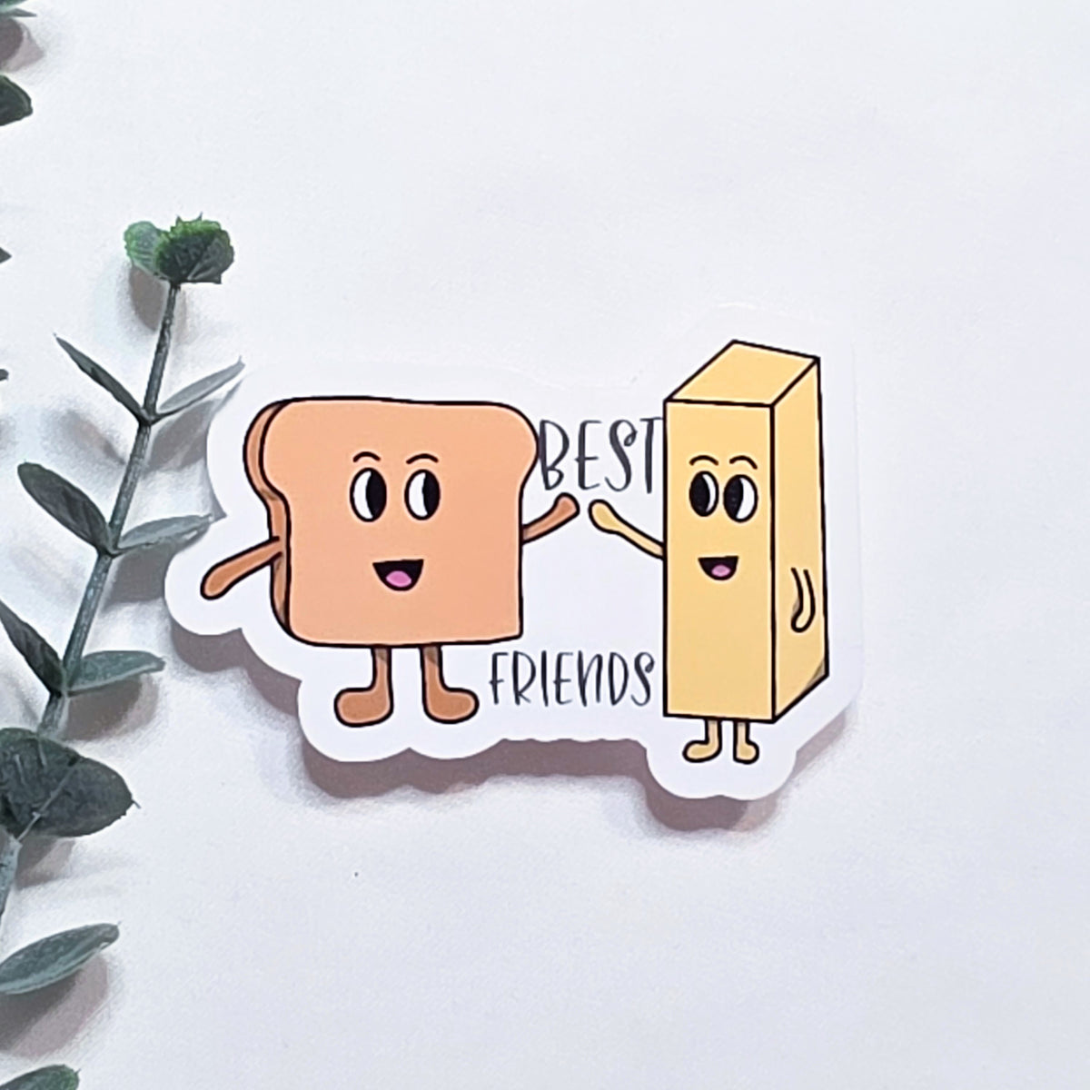 Cartoon toast and milk character sticker with 'Best Friends' text on a white background