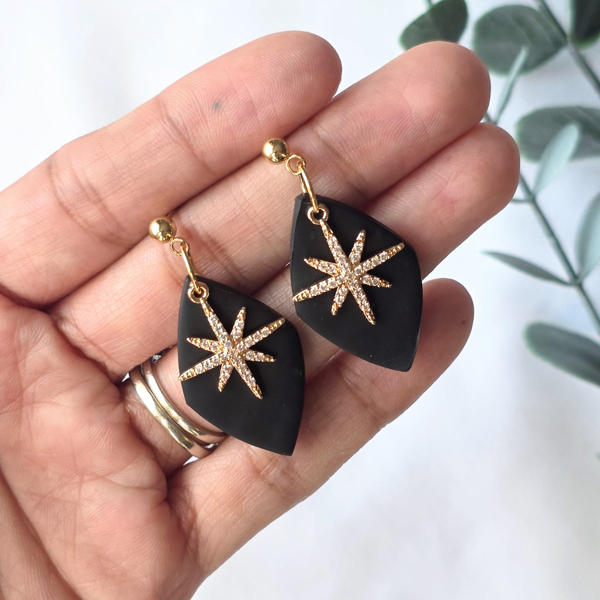 Black Polymer Clay Starburst Earrings – Gold Accent Dangle Earrings