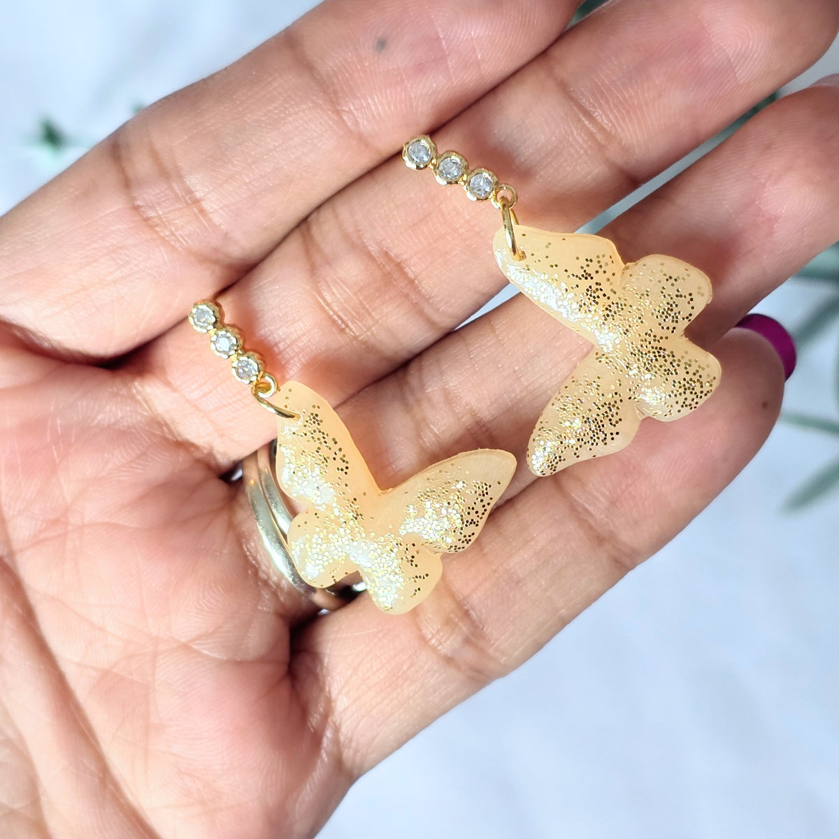 Translucent Butterfly Dangle Earrings with Gold Glitter | Gold Plated Posts