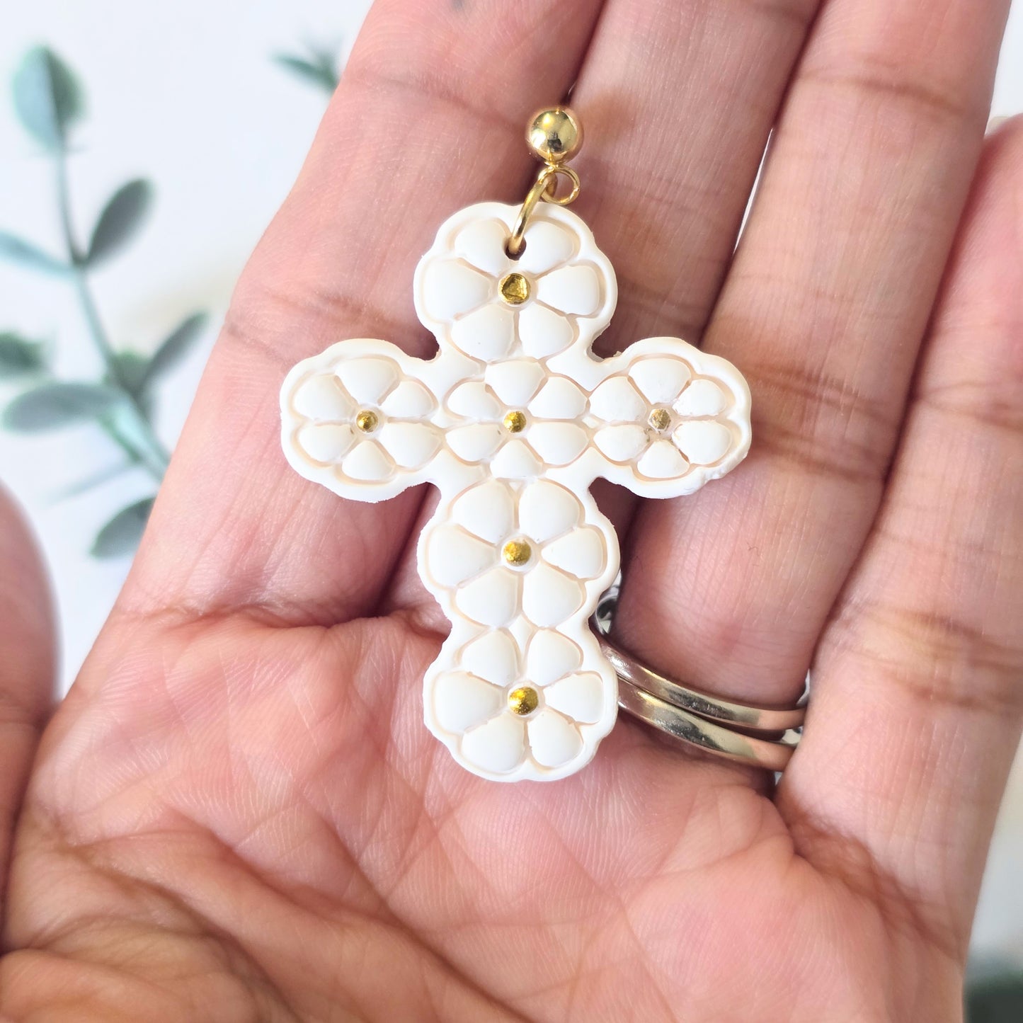 Floral Cross Polymer Clay Earrings – Off White Handmade Christian Dangle Earrings