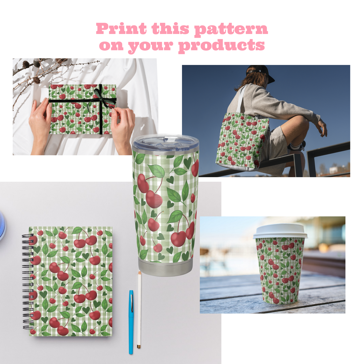 Green Gingham Cherries | 12x12 PNG Seamless File