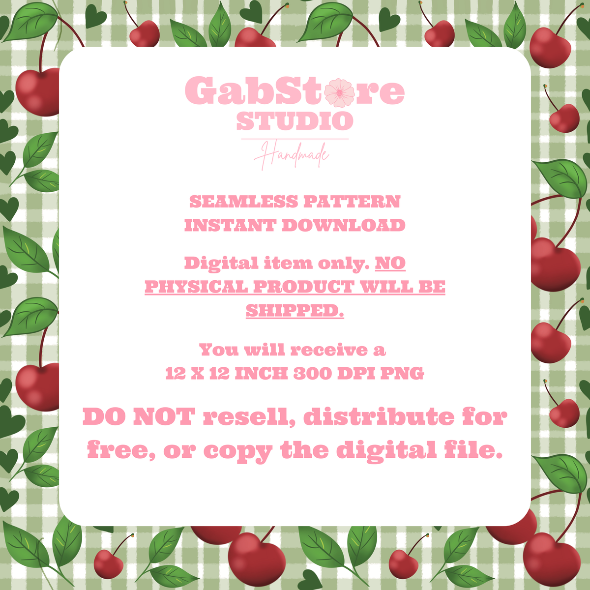Green Gingham Cherries | 12x12 PNG Seamless File