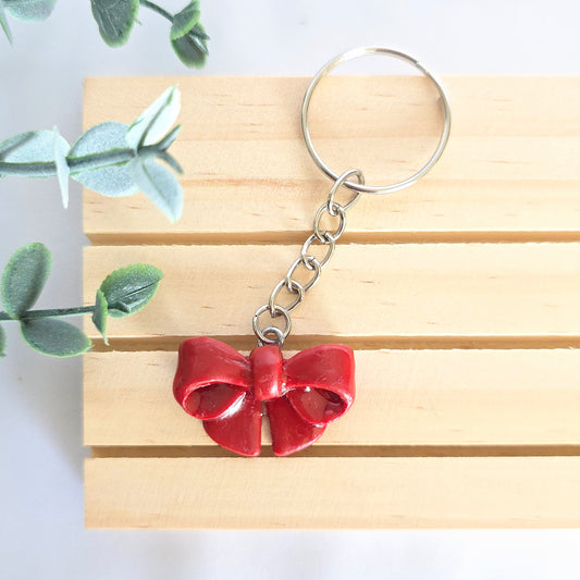 Handmade Red Bow Polymer Clay Keychain – Glazed Mini Charm Gift