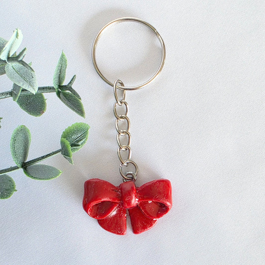 Handmade Red Bow Polymer Clay Keychain – Glazed Mini Charm Gift