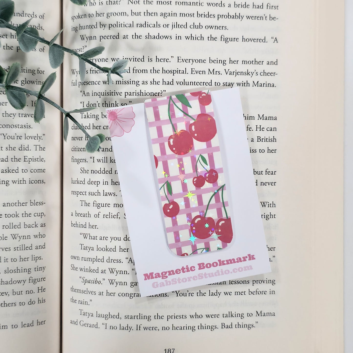 Cherry Gingham | Sparkle Holographic Magnetic Bookmark