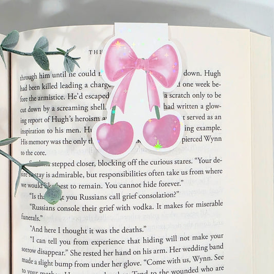 Pink Cherries and Bow | Sparkle Holographic Magnetic Bookmark