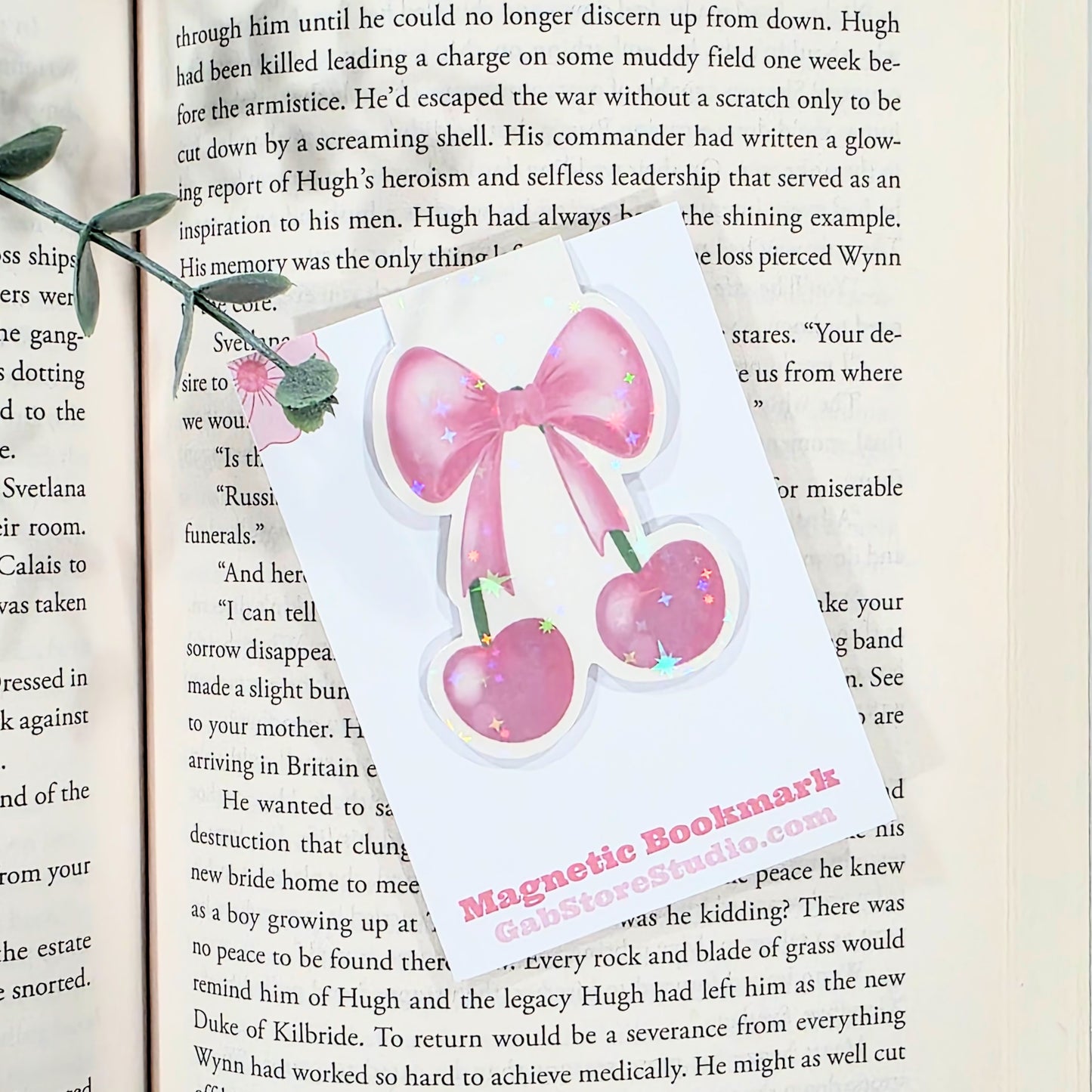 Pink Cherries and Bow | Sparkle Holographic Magnetic Bookmark