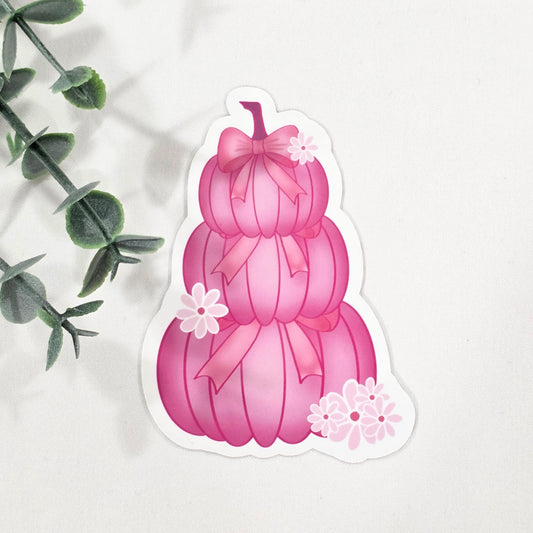 Pink Stacked Pumpkins w/Bow | Vinyl Sticker