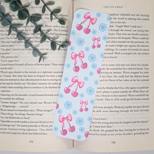 Pink Cherries & Floral on Blue | Bookmark (2x7")