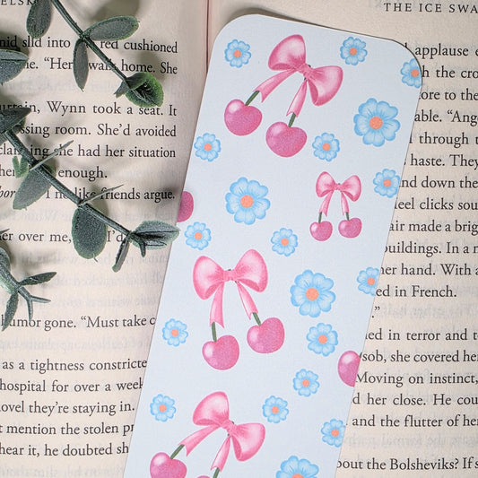 Pink Cherries & Floral on Blue | Bookmark (2x7")