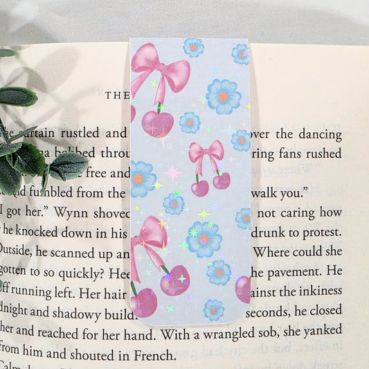 Pink Cherry & Floral | Sparkle Holographic Magnetic Bookmark
