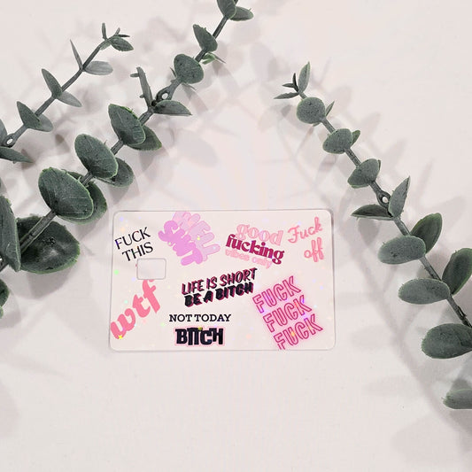 Card Sticker with colorful text on a light pink background 