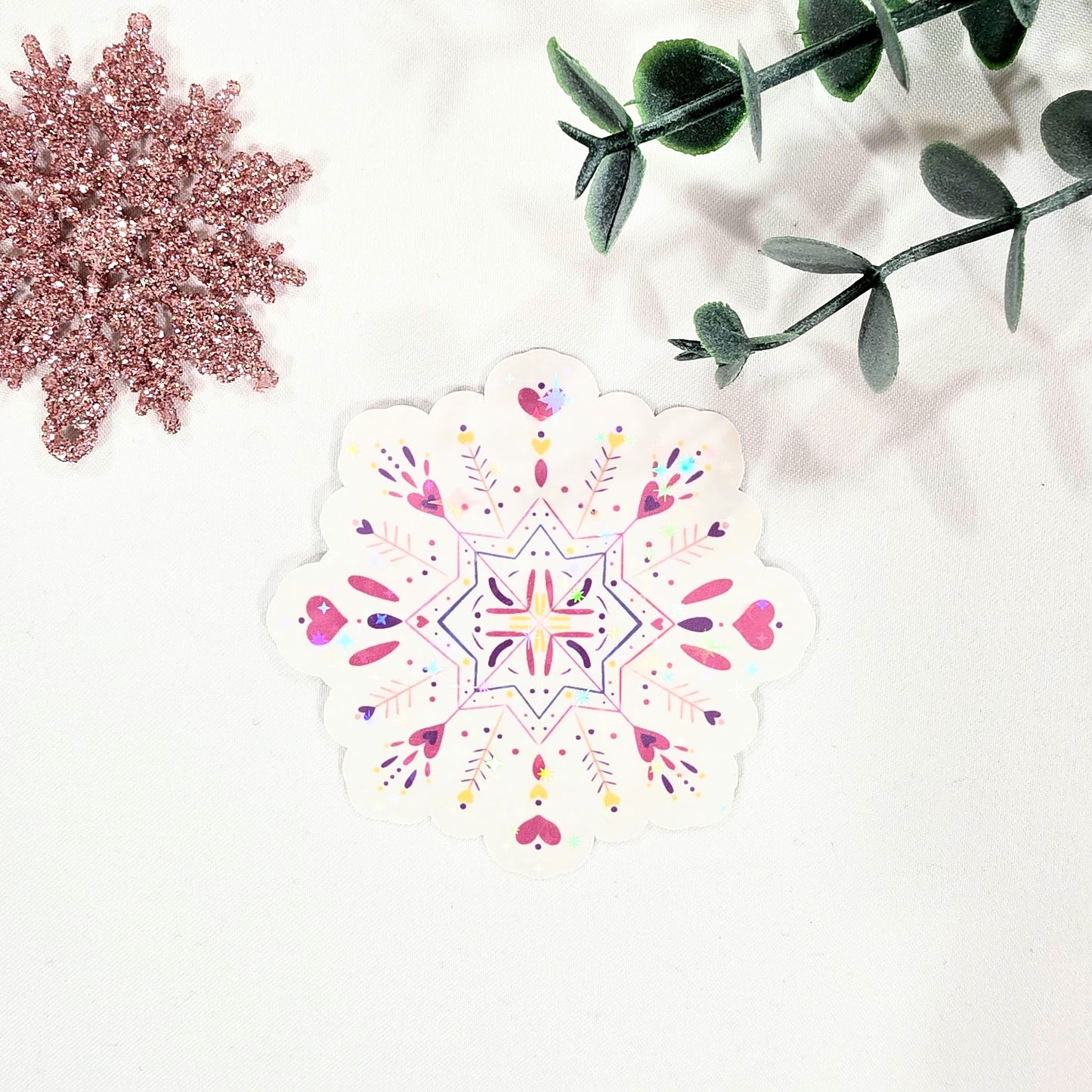 Pink Snowflake Sticker — Sparkle Winter Vinyl Die-Cut Sticker