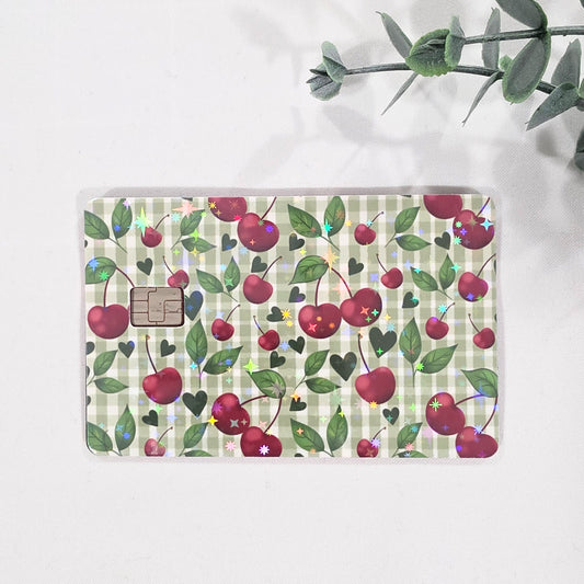 Sparkle holographic, green cherry gingham credit card sticker applied to standard card