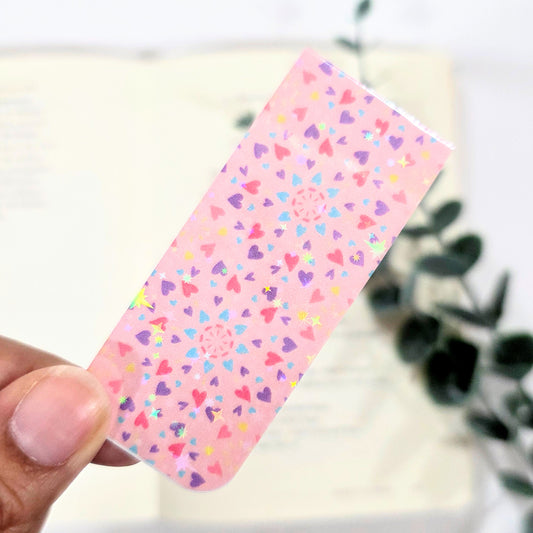Pink Confetti Hearts Magnetic Bookmark — Sparkle Holographic