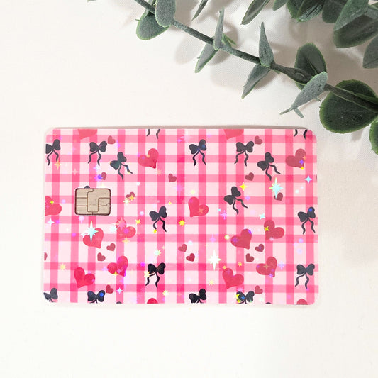 Pink Gingham Heart Credit Card Sticker – Holographic Bow Valentine Card Skin
