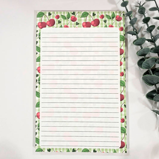 Green Gingham Cherries Notepad | Handmade Tear-Away Notepad