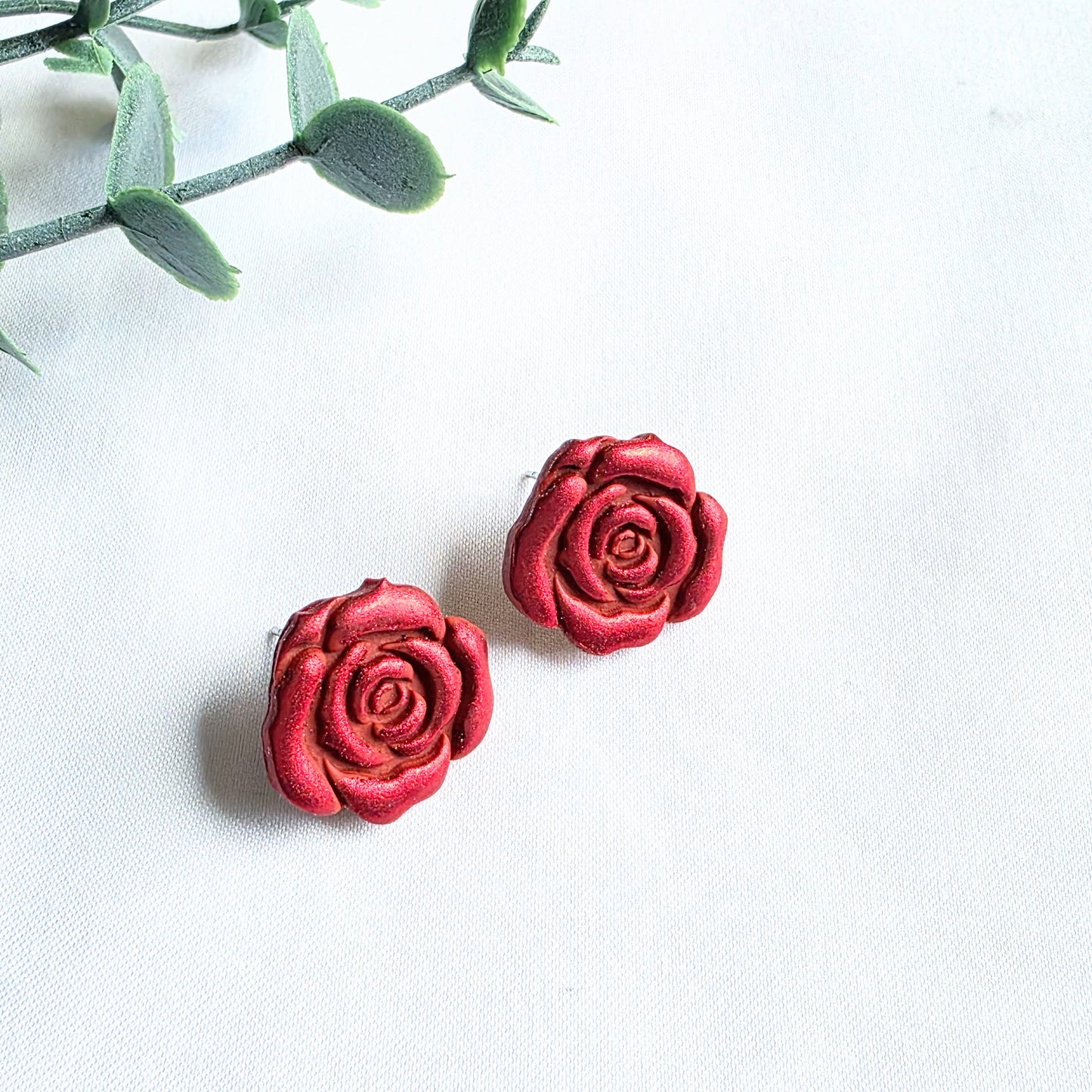 Red Rose Stud Earrings – Handmade Polymer Clay Floral Jewelry