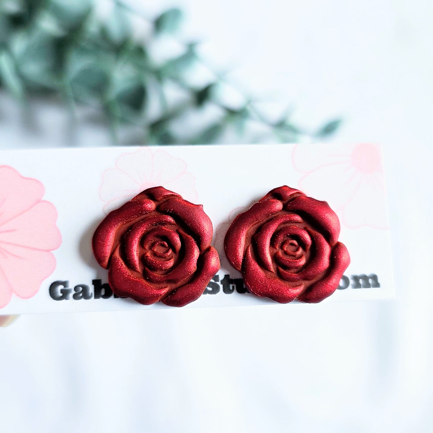 Red Rose Stud Earrings – Handmade Polymer Clay Floral Jewelry