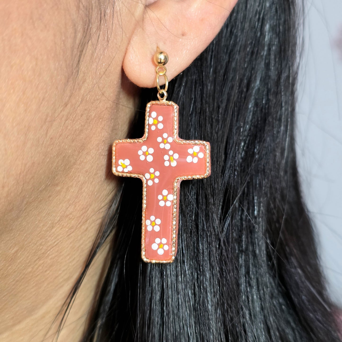 Mexican Pottery–Inspired Cross Earrings | Hand-Painted Polymer Clay | Gold Plated