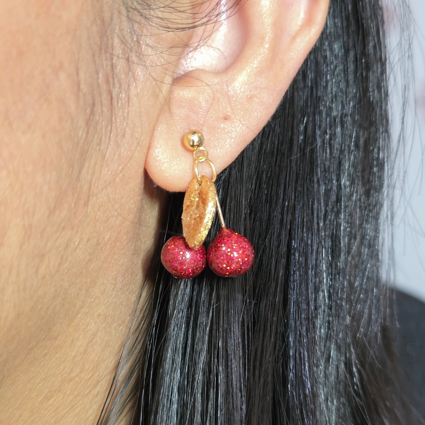 Cherry Drop Polymer Clay Earrings – Red Glitter Cherries with Gold Leaf