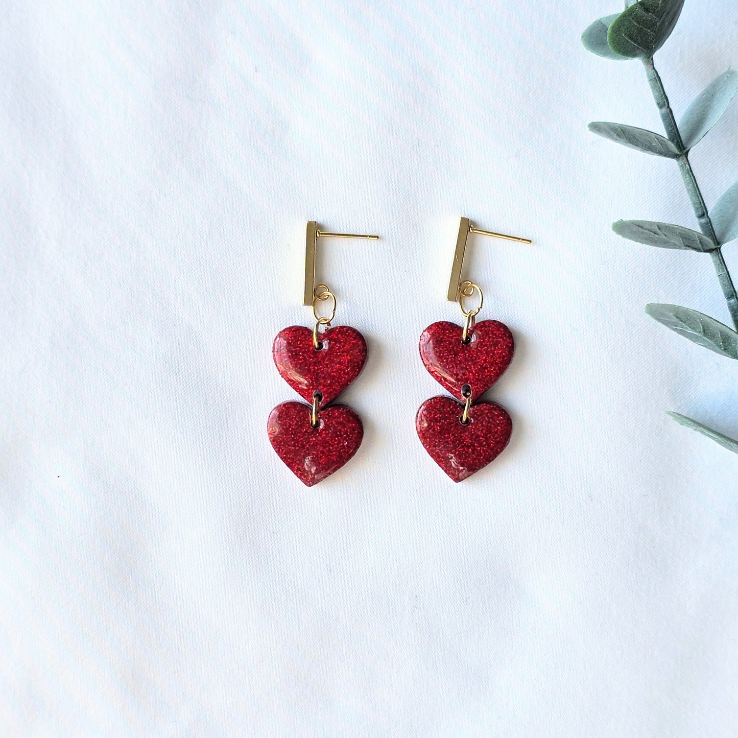 Gold Glitter Heart Earrings | Handmade Polymer Clay Valentine’s Day Dangle Earrings