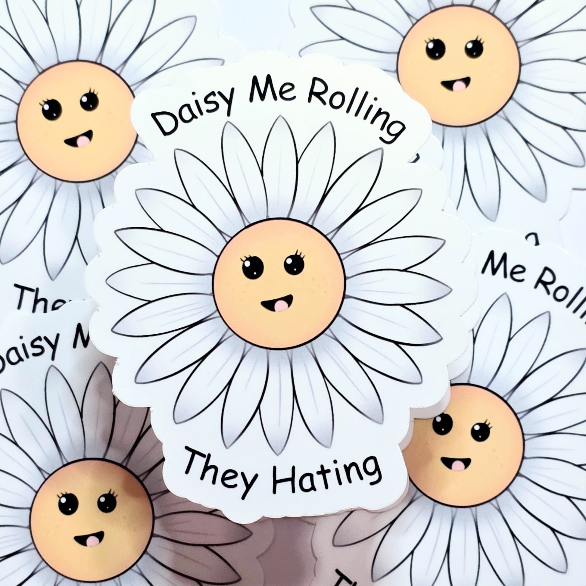 Five cartoon daisies with facial expressions and text on a light blue background
