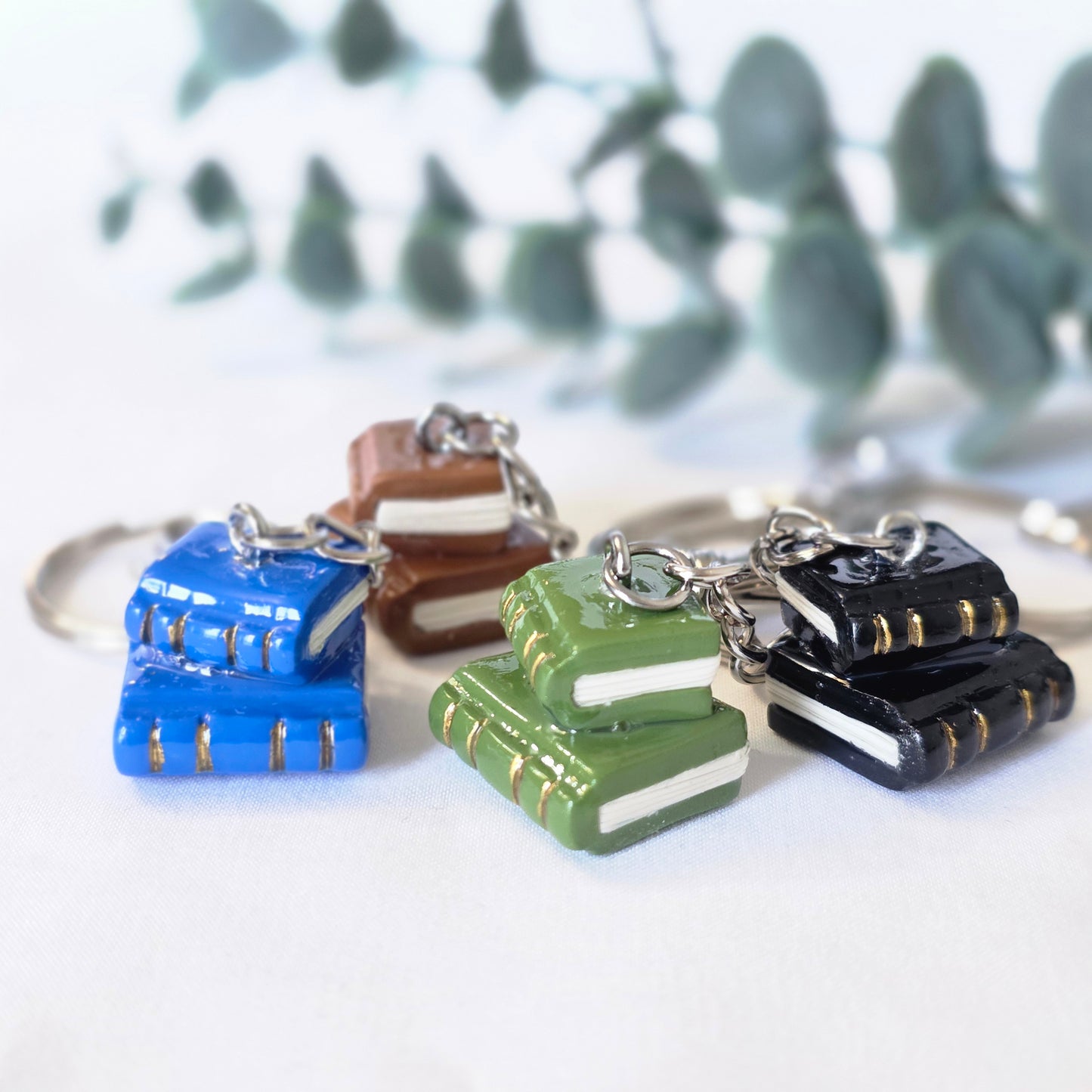 Polymer Clay Stacked Books Keychain – Handmade Mini Book Charm with Gold Accents