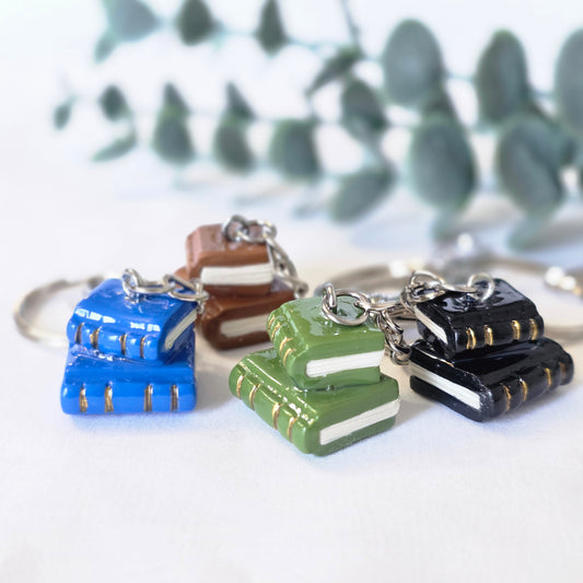 Polymer Clay Stacked Books Keychain – Handmade Mini Book Charm with Gold Accents