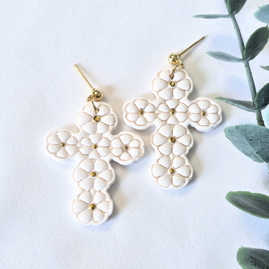 Floral Cross Polymer Clay Earrings – Off White Handmade Christian Dangle Earrings
