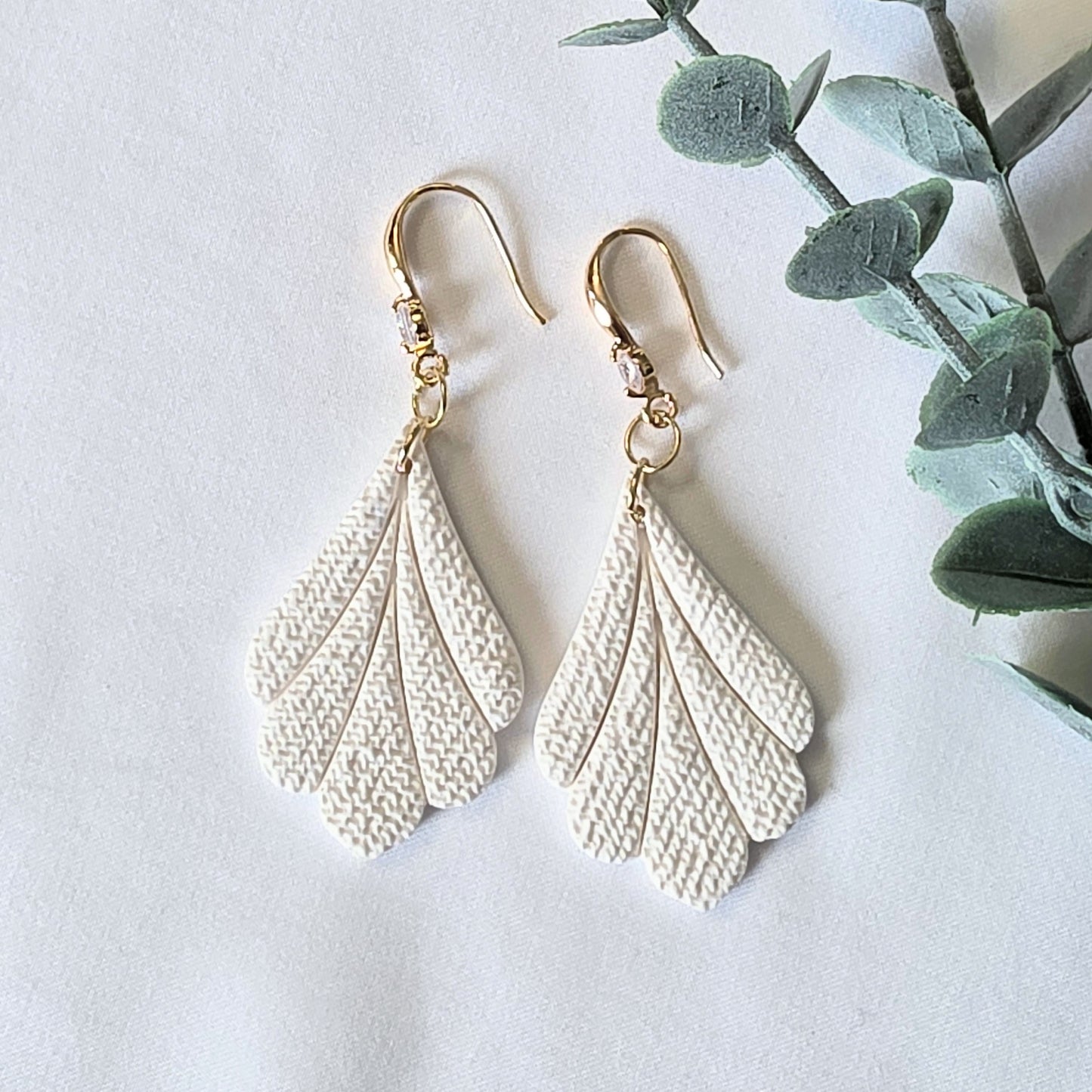 Polymer Clay Feather Wing Earrings – Textured White Dangle Earrings