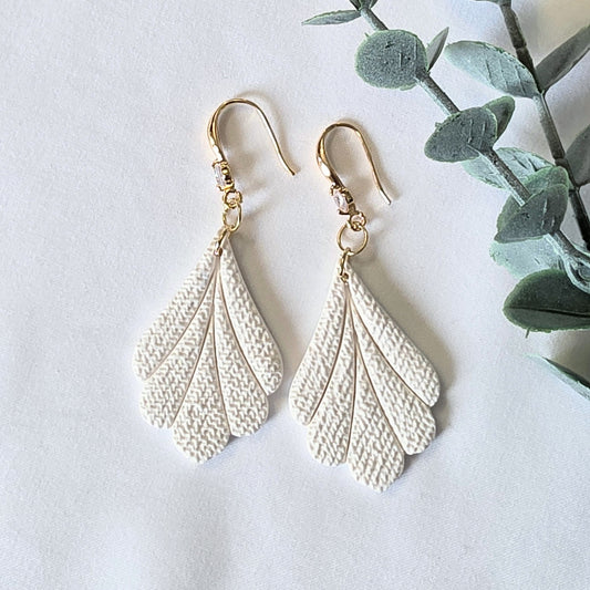 Polymer Clay Feather Wing Earrings – Textured White Dangle Earrings