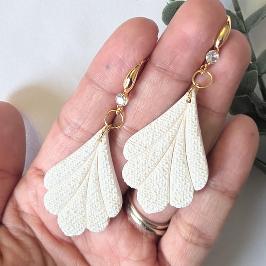 Polymer Clay Feather Wing Earrings – Textured White Dangle Earrings
