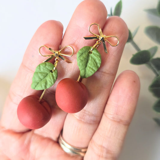 Cherry Polymer Clay Earrings – Cute Fruit Earrings with Gold Bow