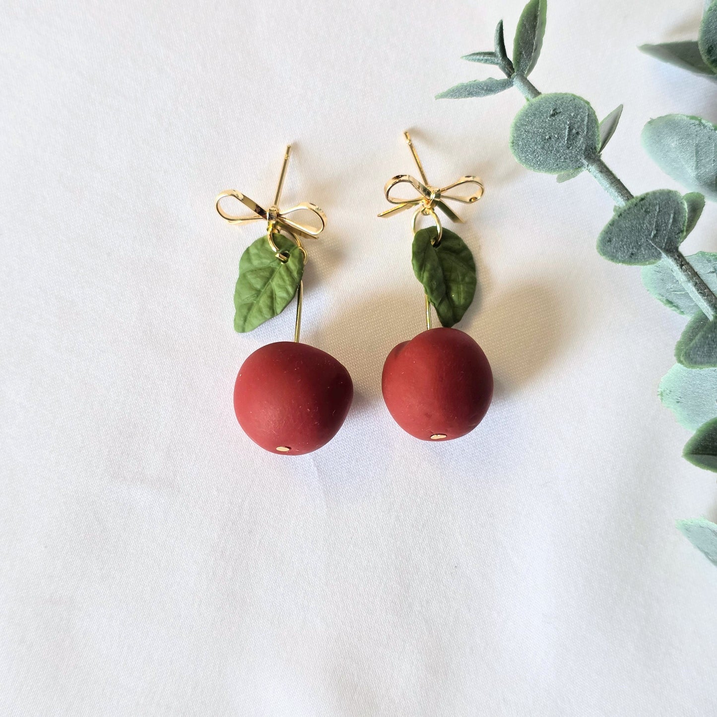 Cherry Polymer Clay Earrings – Cute Fruit Earrings with Gold Bow