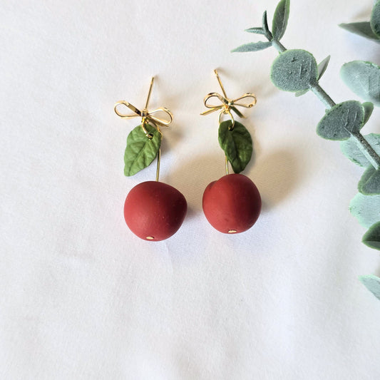 Cherry Polymer Clay Earrings – Cute Fruit Earrings with Gold Bow