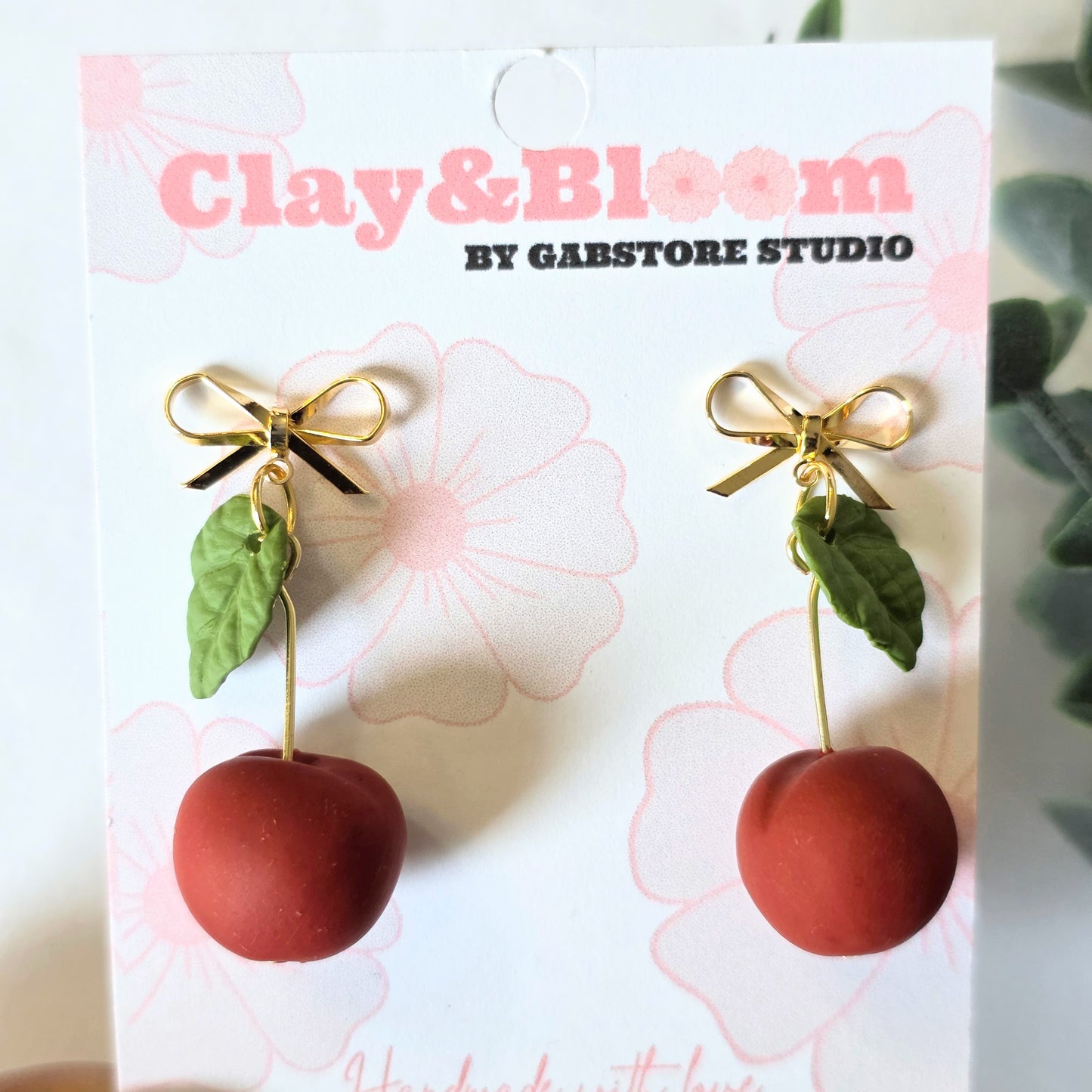 Cherry Polymer Clay Earrings – Cute Fruit Earrings with Gold Bow