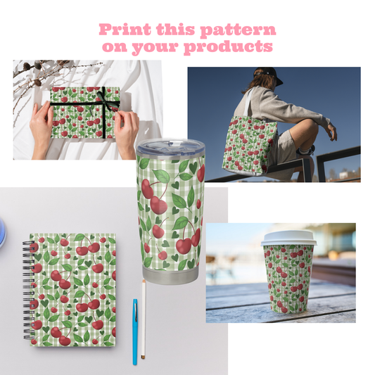 Green Gingham Cherries | 12x12 PNG Seamless File