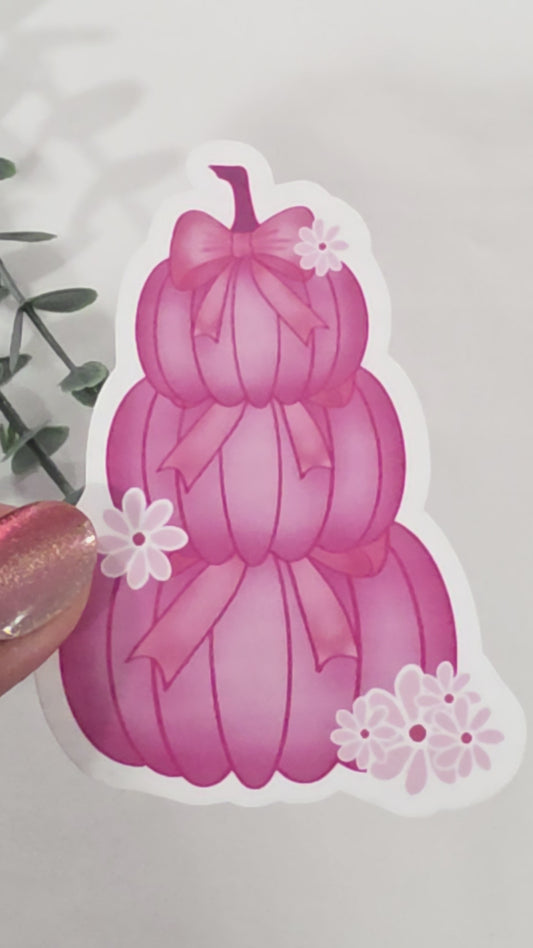 Pink Stacked Pumpkins w/Bow | Vinyl Sticker